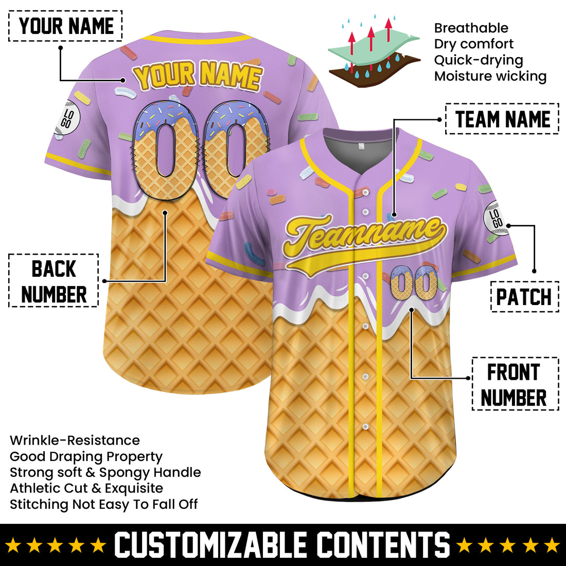 Personalized Lavender Swirl Ice Cream Baseball Jersey