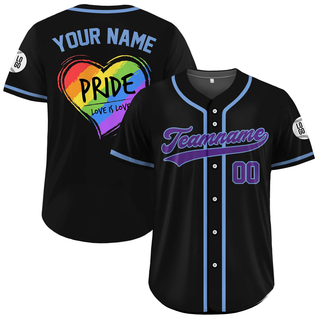 Personalized Love Is Love Pride Rainbow Heart Black Baseball Shirt