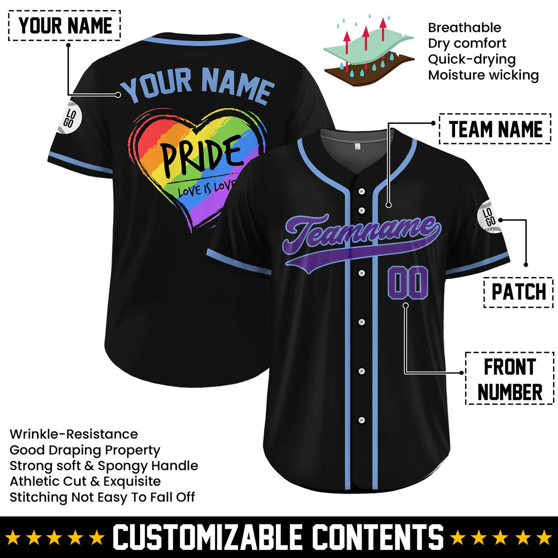 Personalized Love Is Love Pride Rainbow Heart Black Baseball Shirt