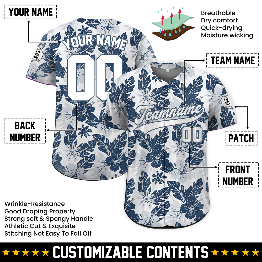 Personalized Monochrome Hibiscus Hawaiian Baseball Jersey