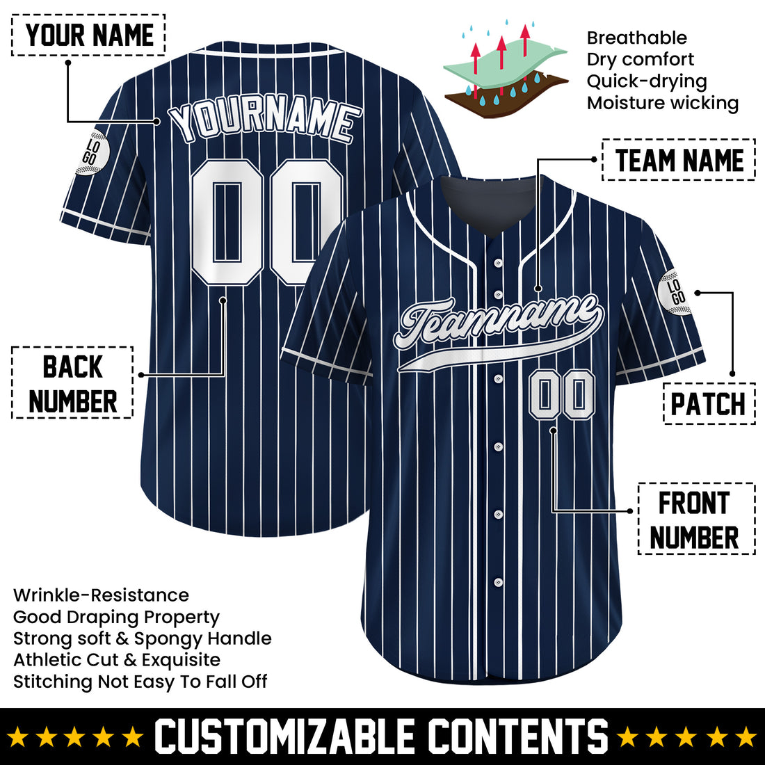 Personalized Navy White Pinstriped Baseball Jersey
