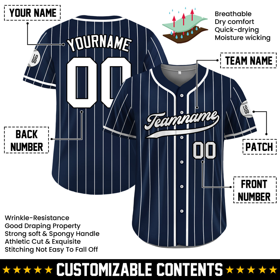 Personalized Navy White Thin Stripe Baseball Shirt