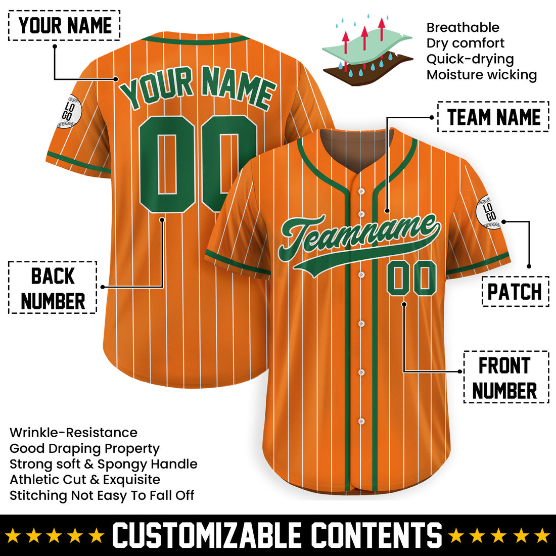 Personalized Orange and Green Pinstripe Baseball Jersey