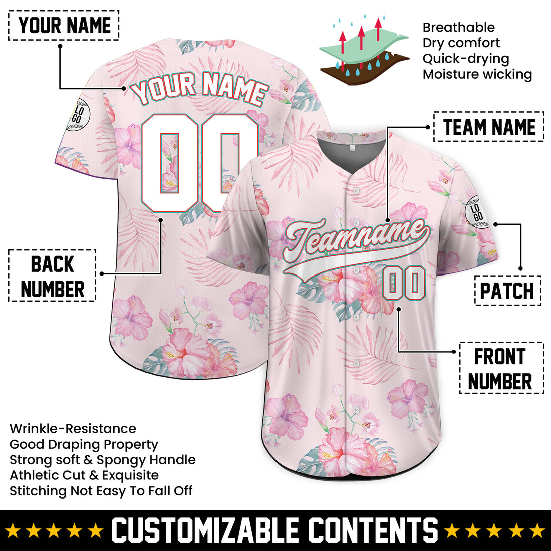 Personalized Pastel Pink Hibiscus Hawaiian Baseball Jersey