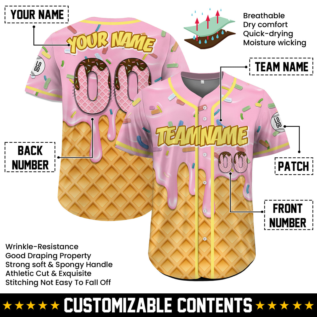 Personalized Pink Chocolate Drip Ice Cream Baseball Jersey