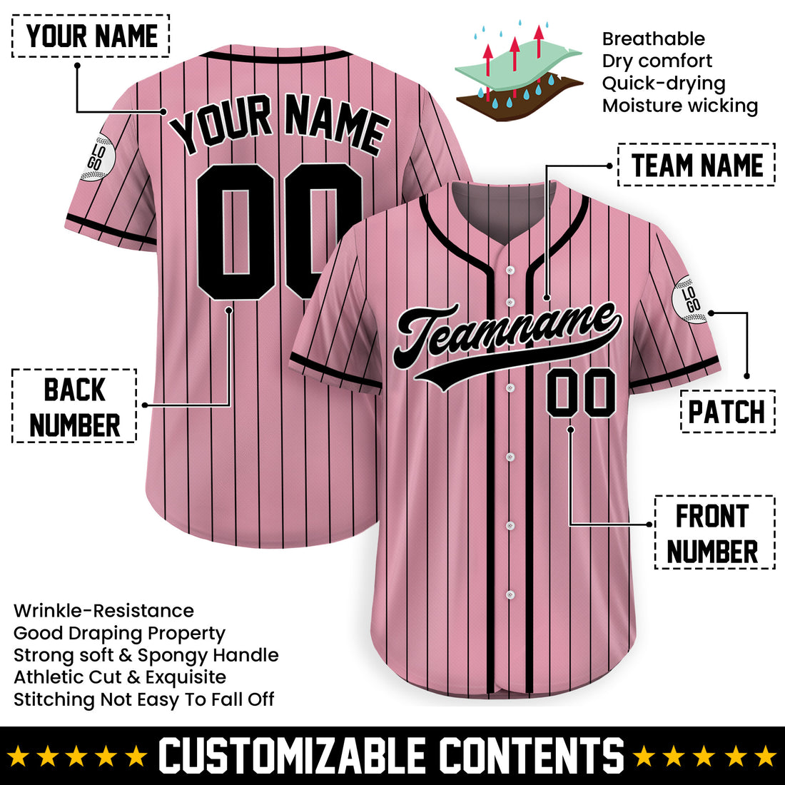 Personalized Pink and Black Pinstripe Baseball Jersey