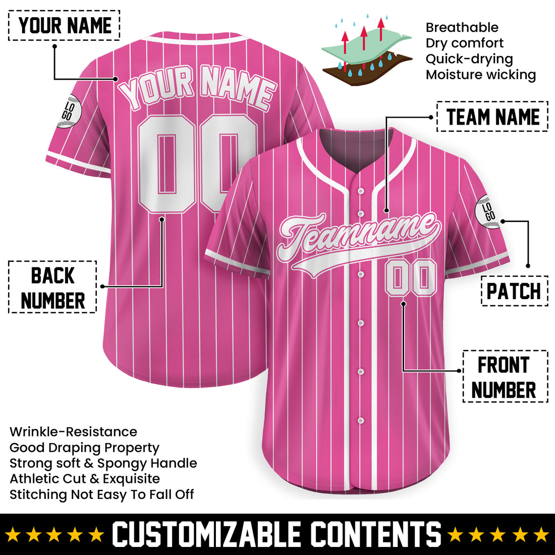 Personalized Pink and White Pinstripe Baseball Jersey
