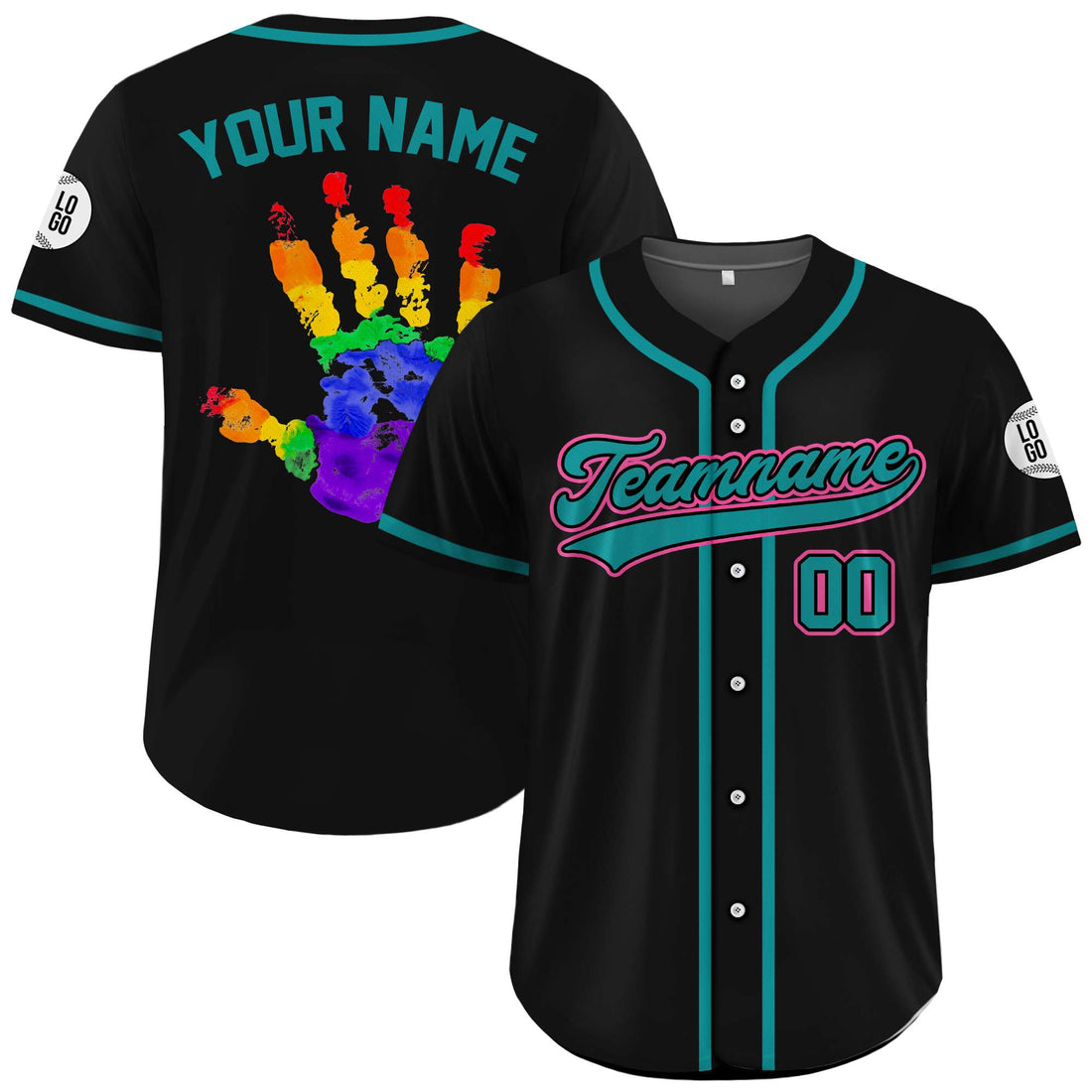 Personalized Rainbow Handprint Pride Black Teal Baseball Jersey