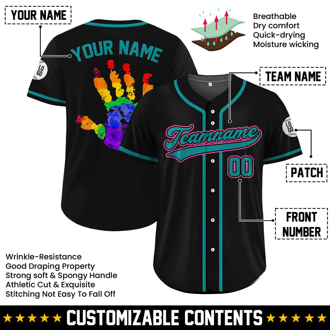 Personalized Rainbow Handprint Pride Black Teal Baseball Jersey