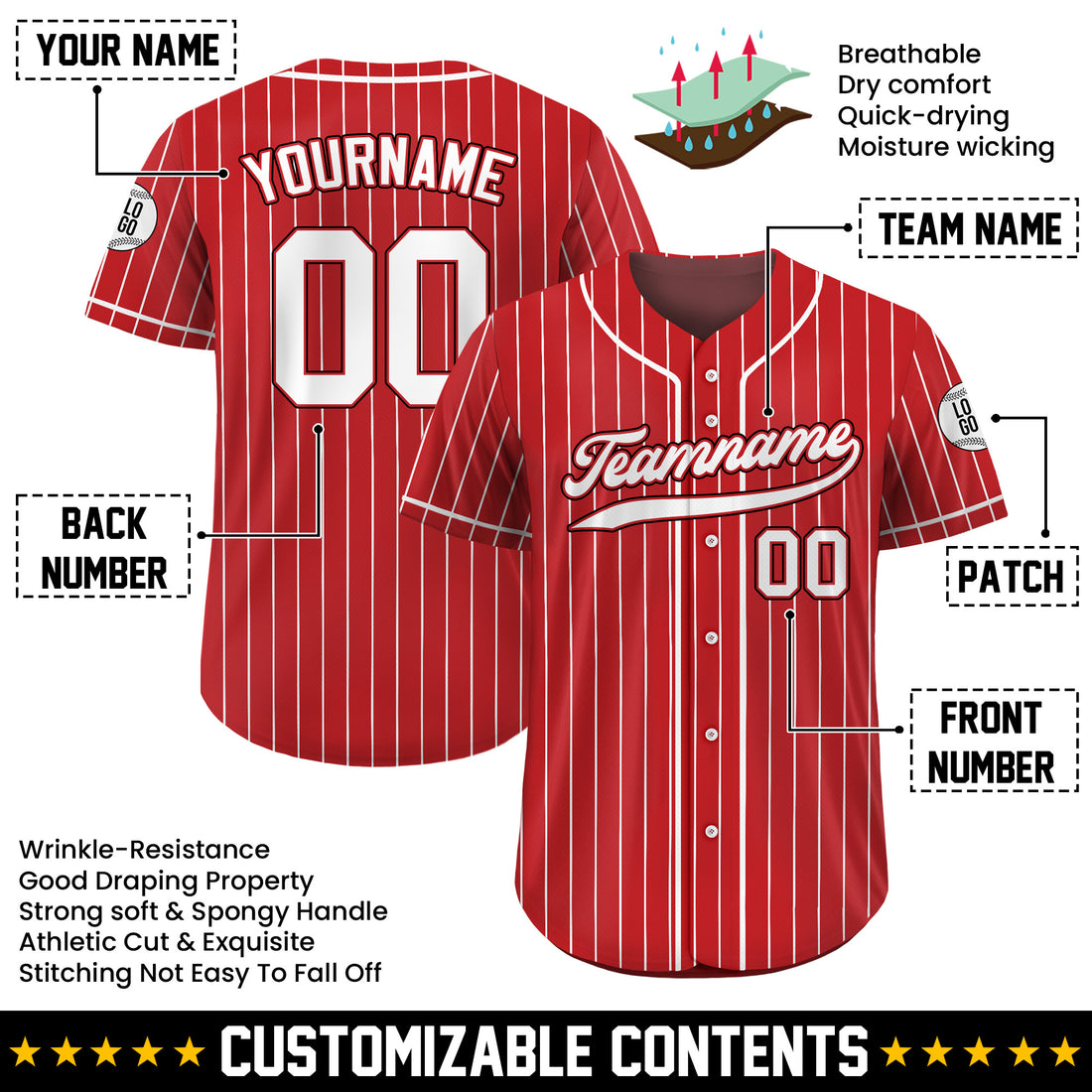 Personalized Red White Pinstriped Baseball Jersey