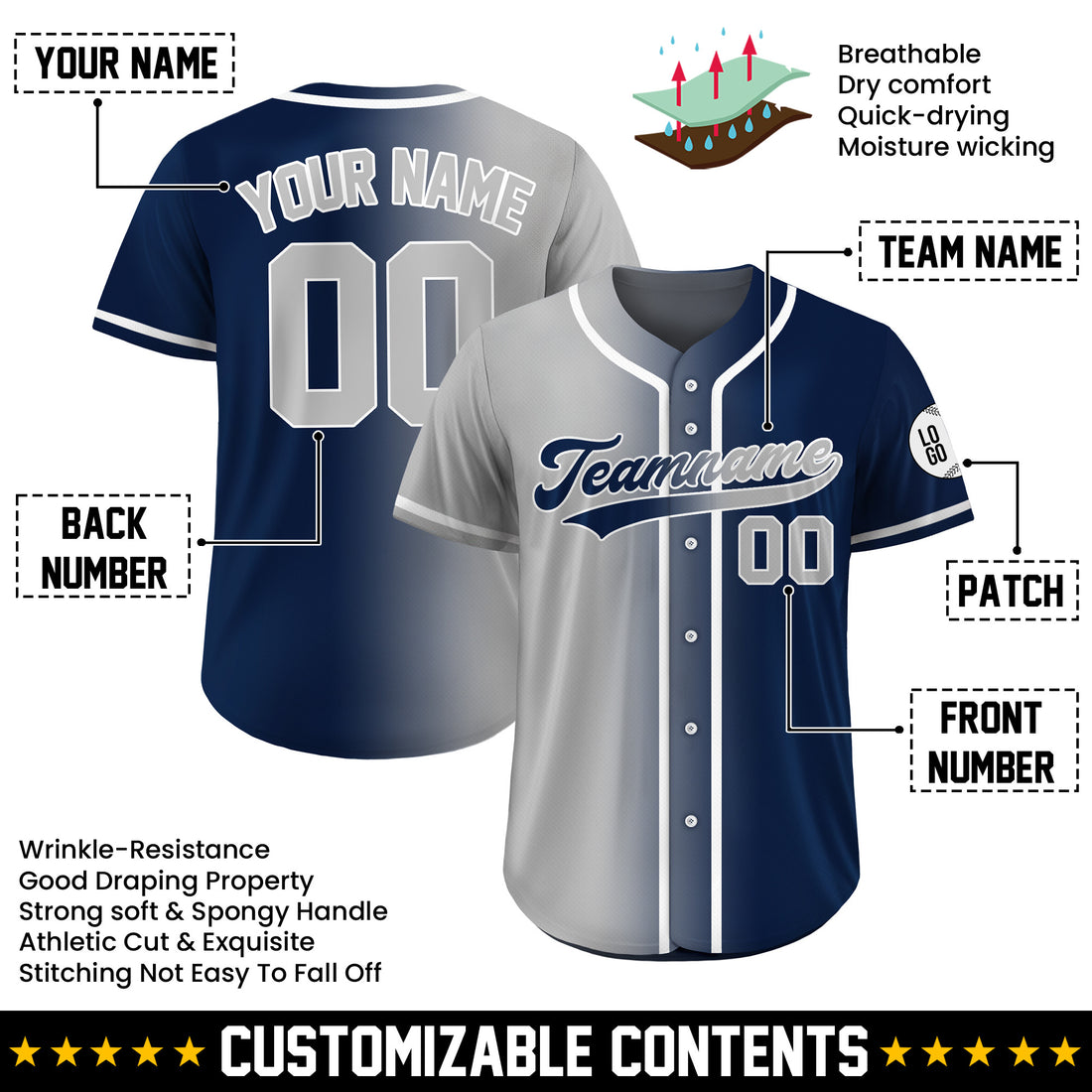 Personalized Steel Navy Gradient Baseball Jersey