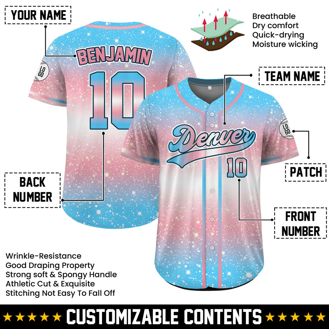 Personalized Trans Pride Sparkle Baseball Jersey