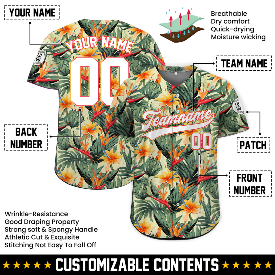 Personalized Tropical Bird of Paradise Hawaiian Baseball Jersey