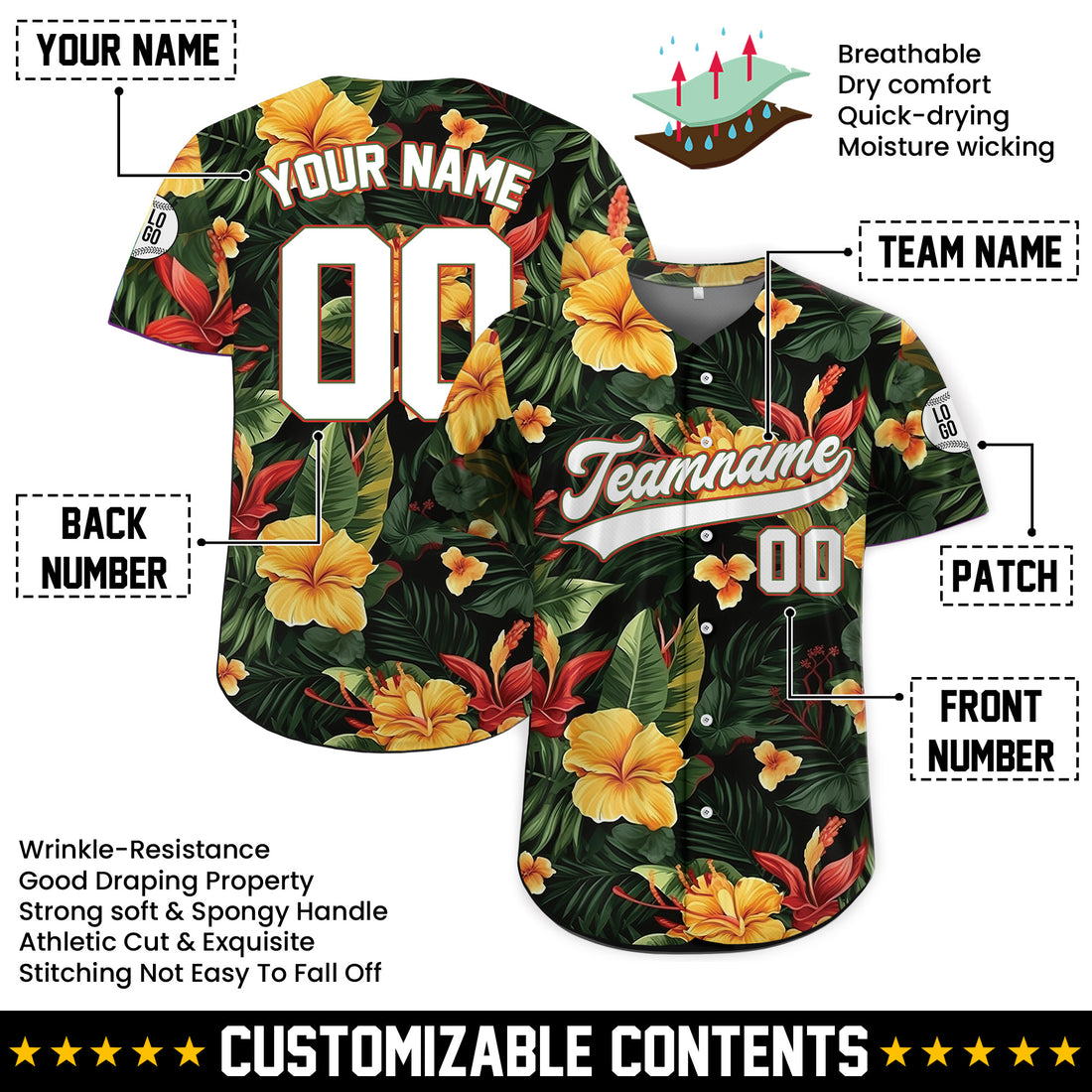 Personalized Tropical Hibiscus Hawaiian Baseball Jersey