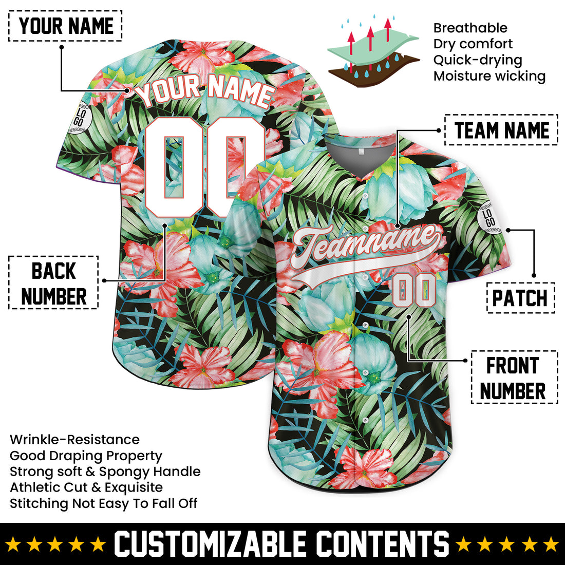 Personalized Tropical Watercolor Hawaiian Baseball Jersey