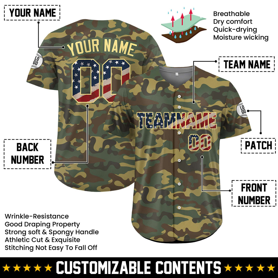 Personalized USA Flag Camo Field Baseball Jersey