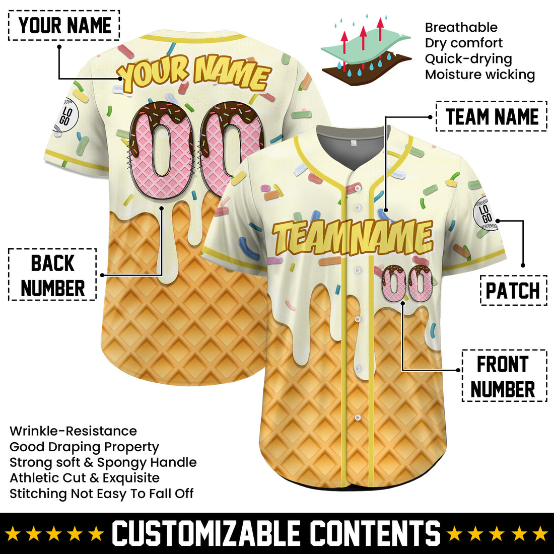 Personalized Vanilla Ice Cream Drip Sprinkle Baseball Jersey