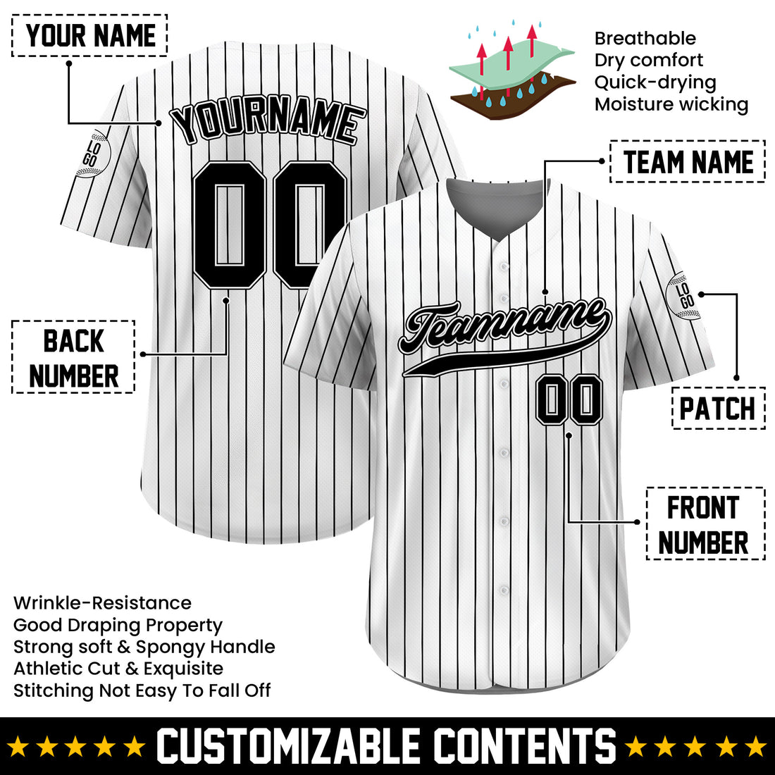 Personalized White Black Pinstriped Baseball Jersey, Personalized Baseball Jersey with Teamname Name Number