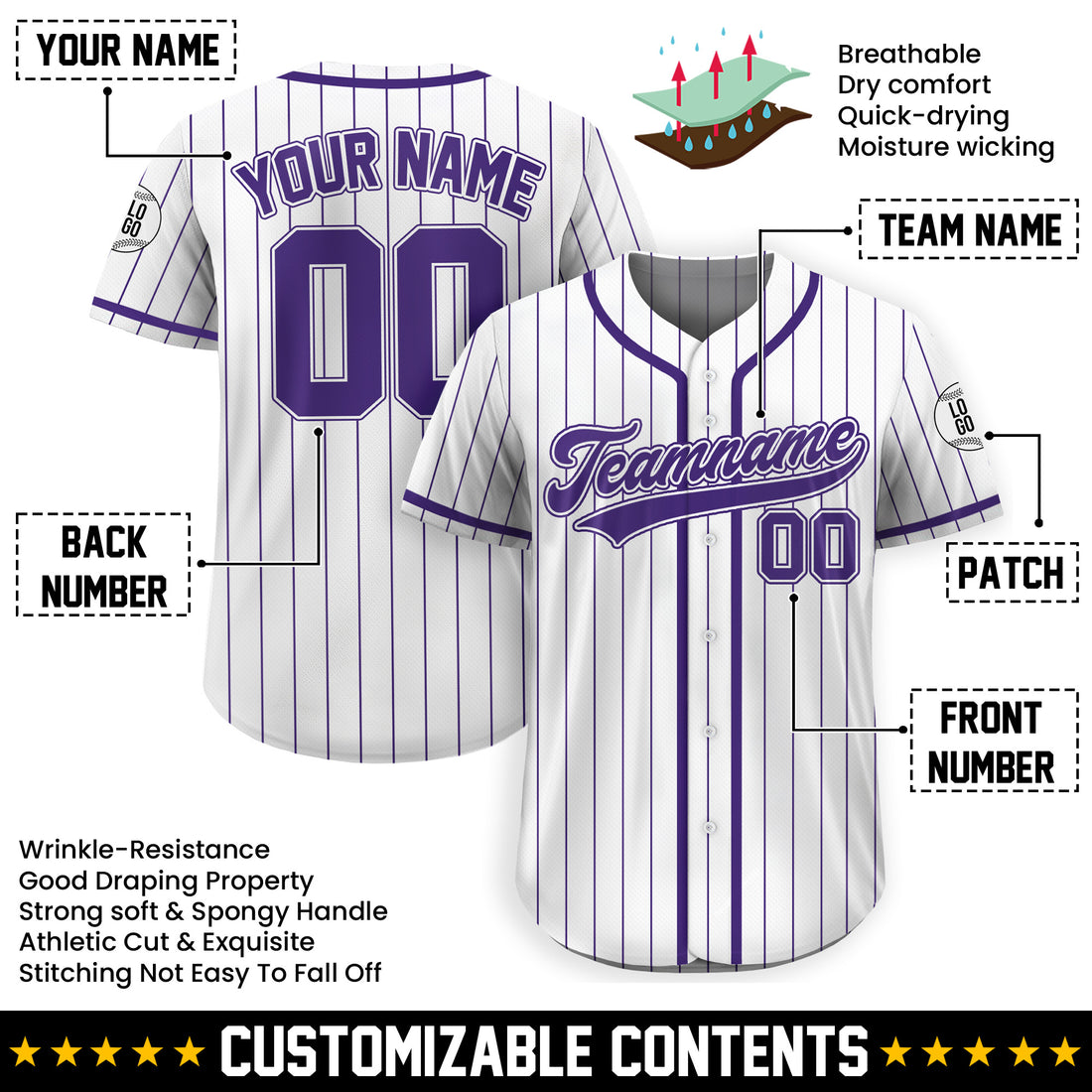 Personalized White Purple Vertical Stripe Baseball Uniform