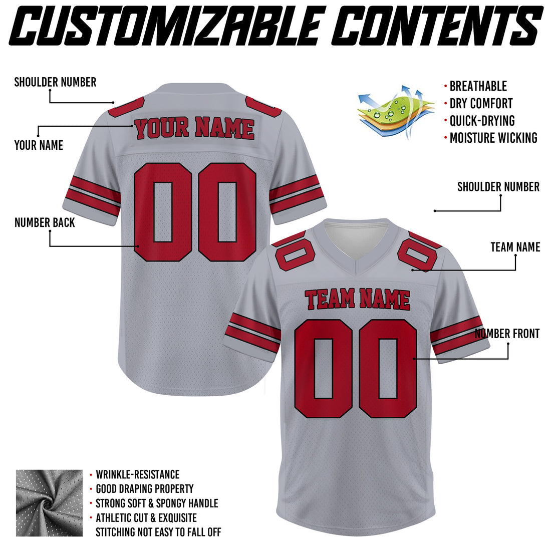 Personalized White Red Football Jersey, Custom Football Jersey For Men Women Youth Kid
