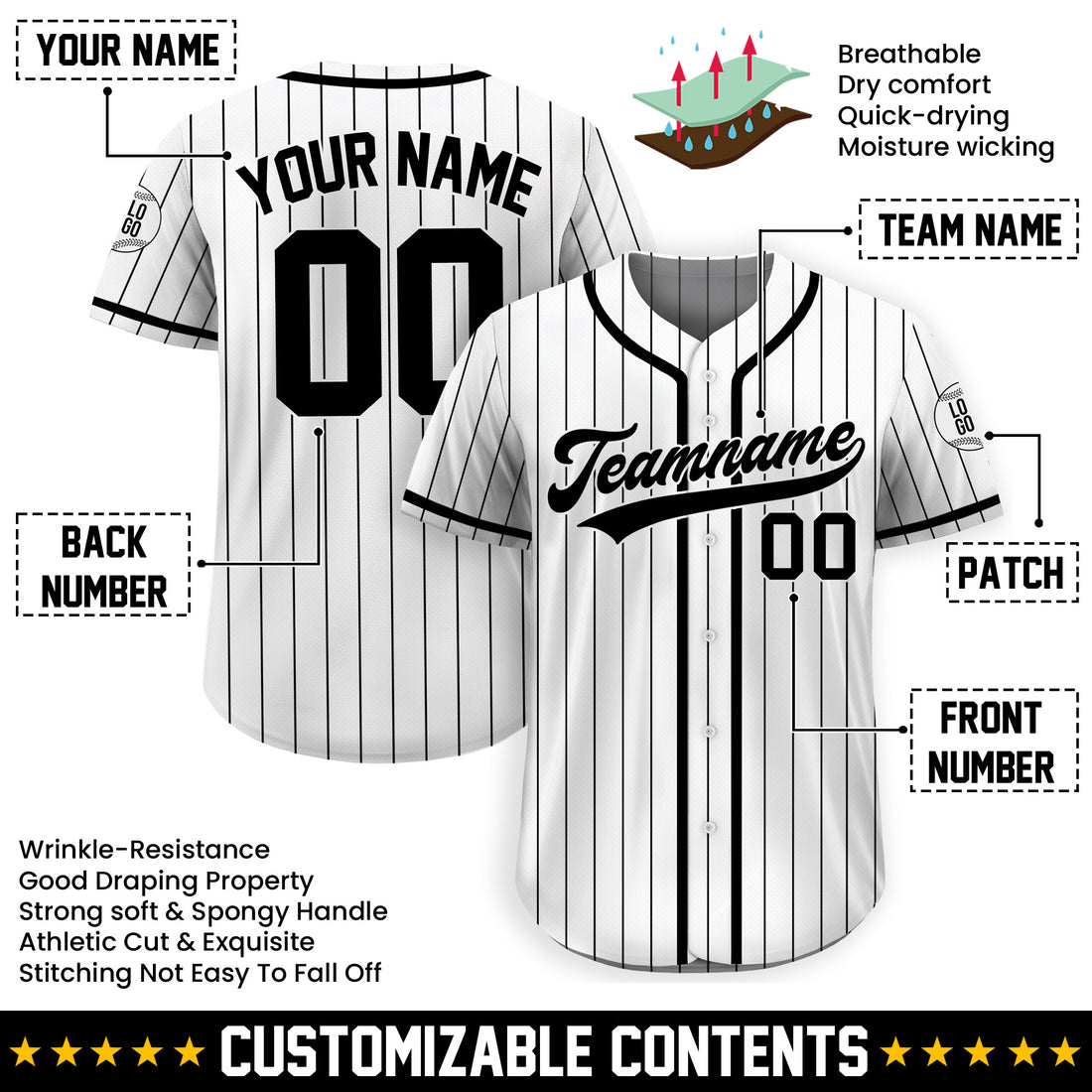 Personalized White and Black Pinstripe Baseball Jersey
