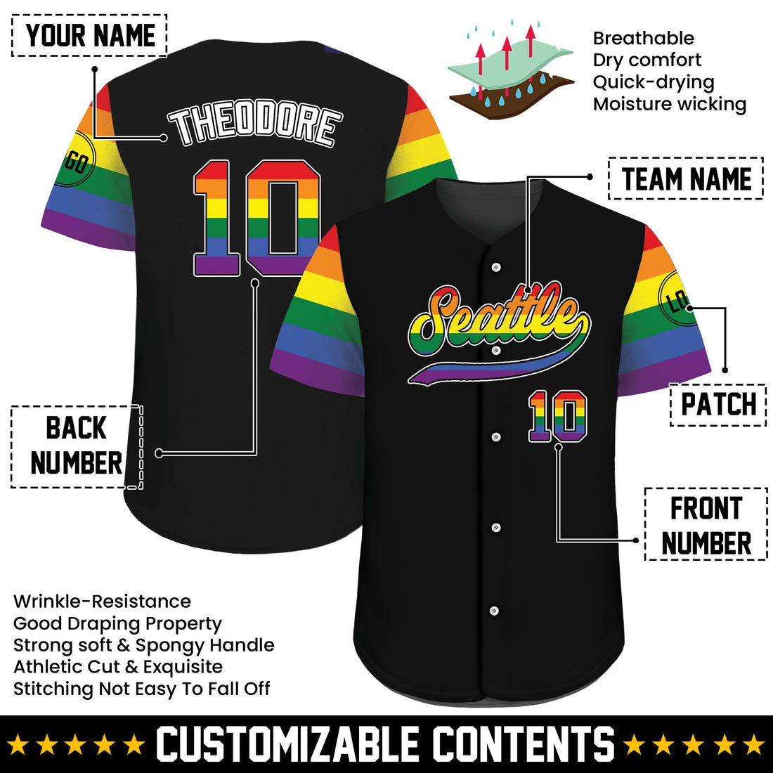 Rainbow Flag LGBTQ+ Pride Custom Black Baseball Jersey