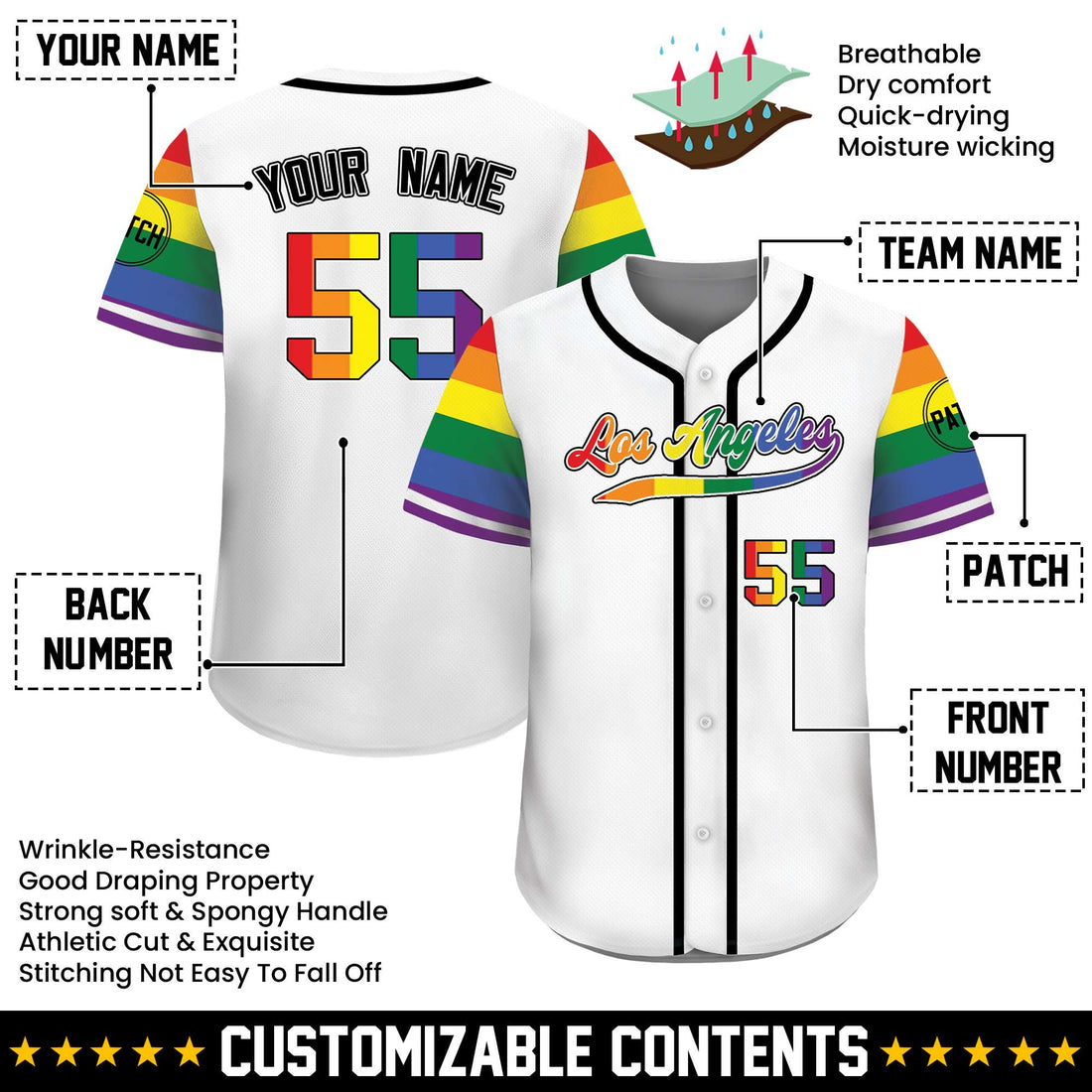 Rainbow Flag LGBTQ+ Pride Custom White Baseball Jersey