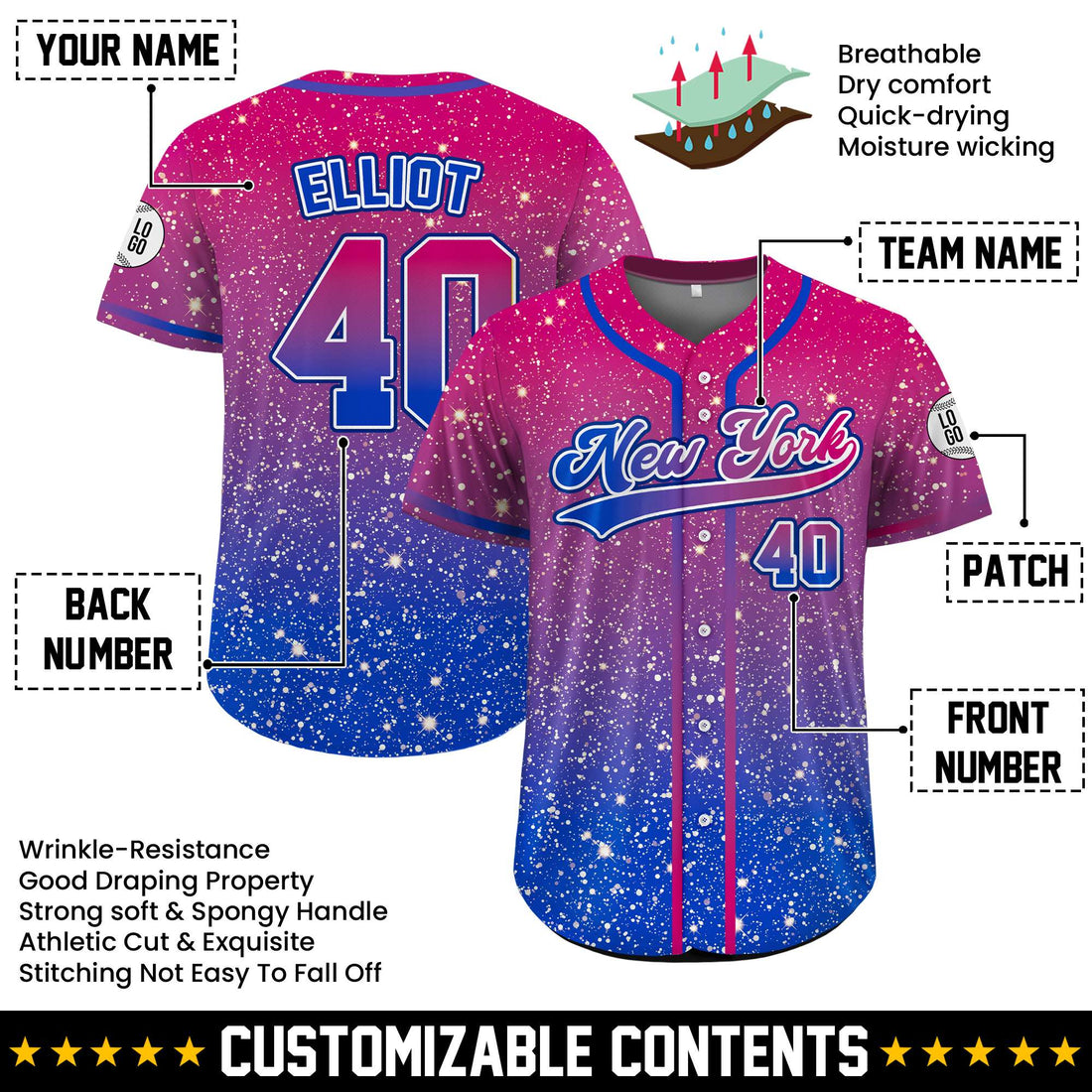 Transgender Flag Star Gradient Custom Baseball Jersey