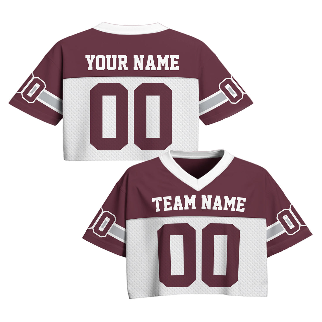 Custom Maroon White Cropped Football Jersey, Personalized Crop Top Football Jersey