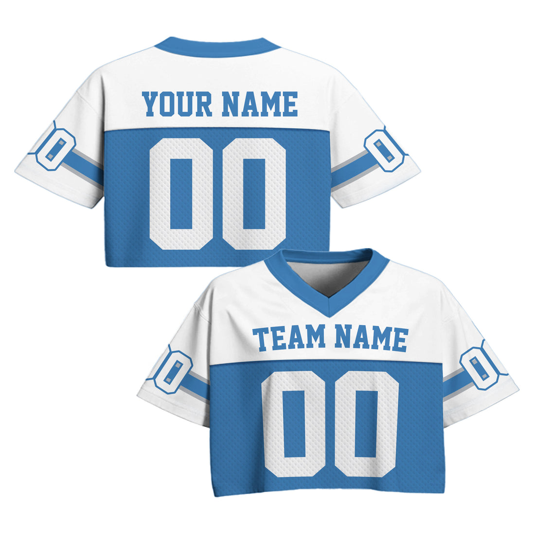 Personalized White Blue Cropped Football Jersey, College Football Crop Top Jersey