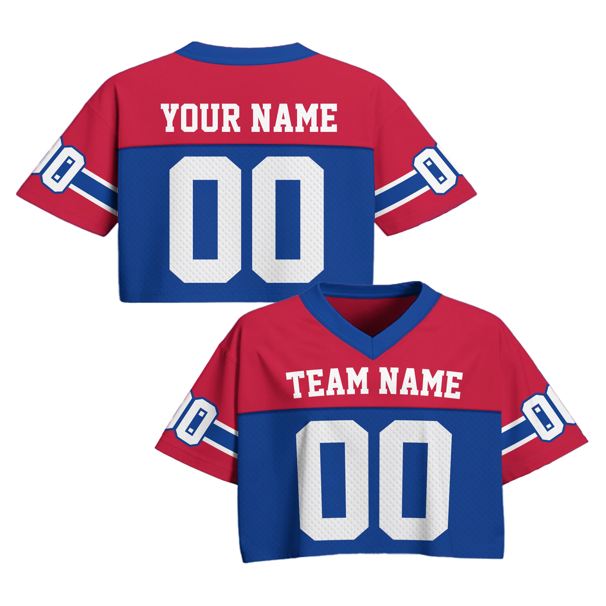 Custom Red Blue Cropped Football Jersey, Champion Mesh Cropped Football Jersey