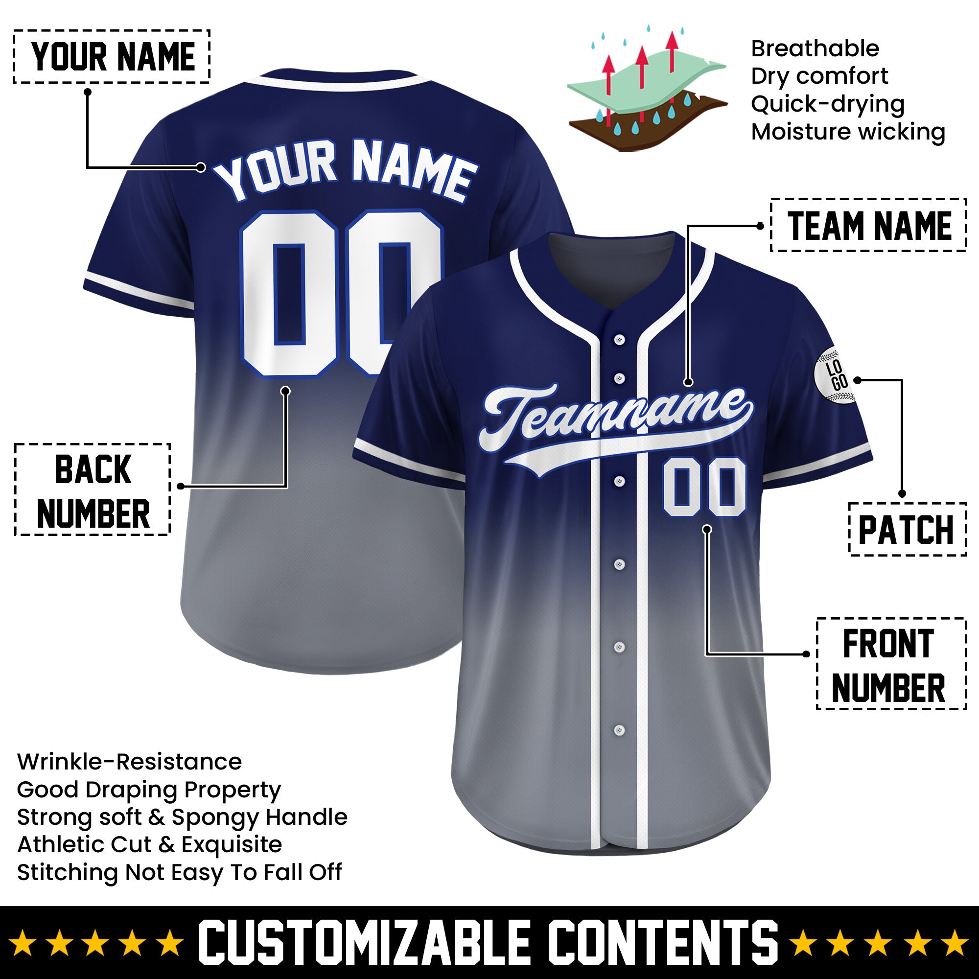 Custom Steel Blue Fade Gradient Baseball Jersey