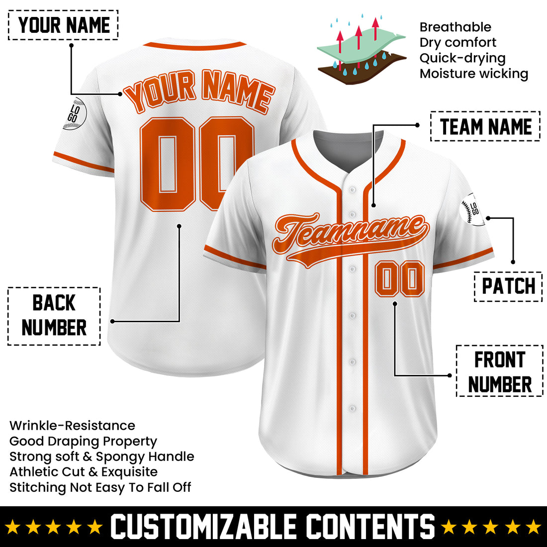 Custom Classic White Orange Baseball Jersey, Personalized Team Name Number Shirt