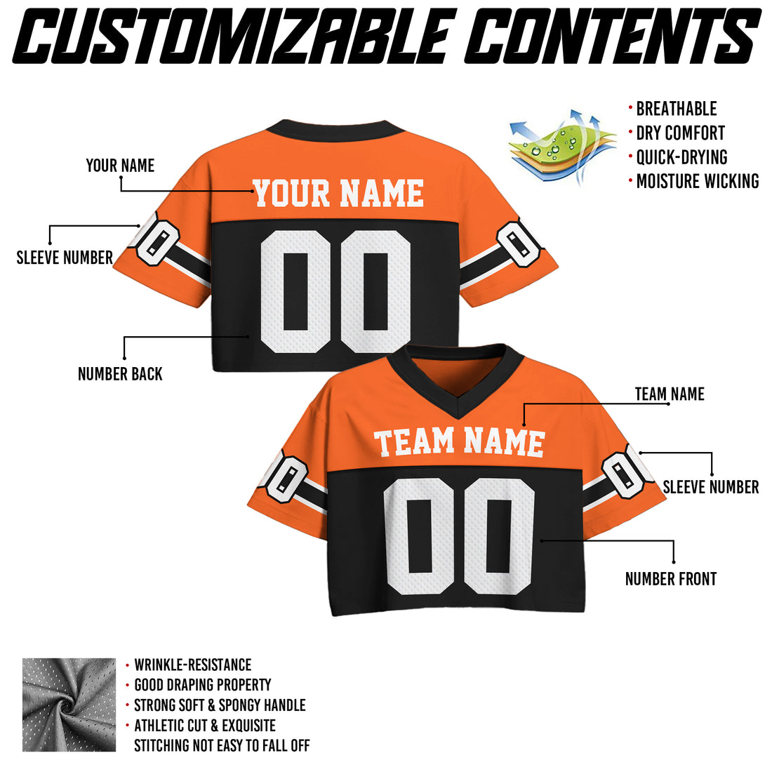 Personalized Orange Black Cropped Football Jersey, Gift for Her