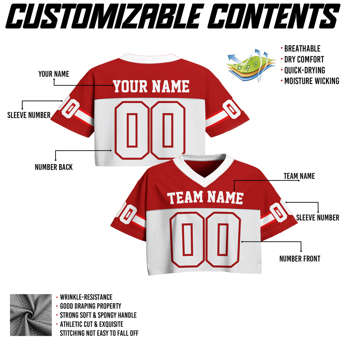 Custom Red White Cropped Football Jersey, Streetwear for Women Girl