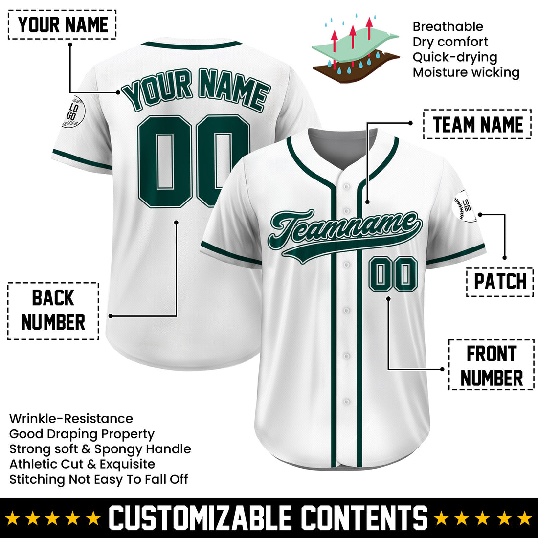 Custom Classic White Green Baseball Jersey, Personalized Name Number Team Uniform for Youth Adults