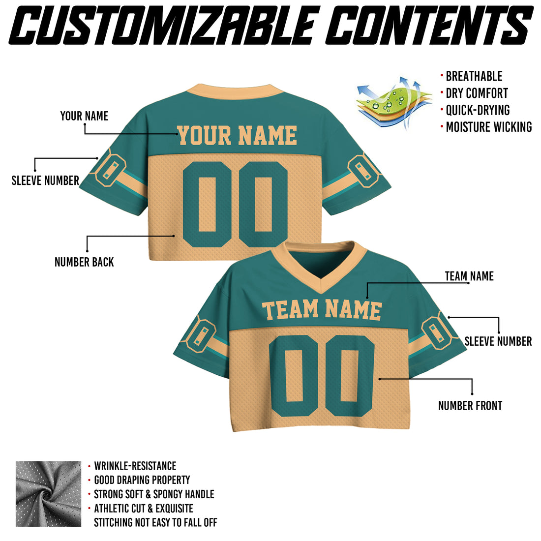 Personalized Teal Gold Cropped Football Jersey, Sporty Cropped Football Jersey for Concerts and Festivals