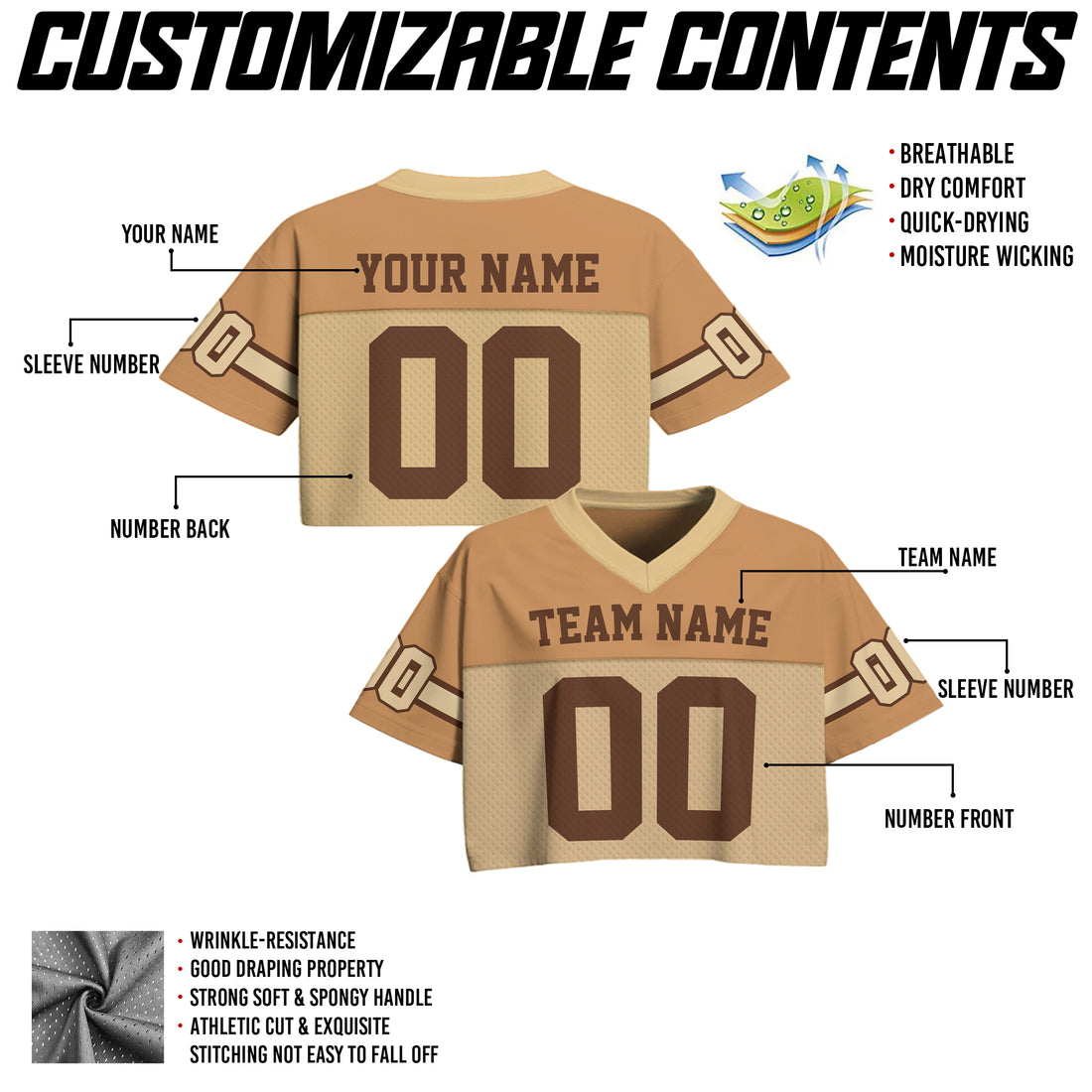 Personalized Light Brown Beige Cropped Football Jersey, Personalized Concert & Game Day Outfit