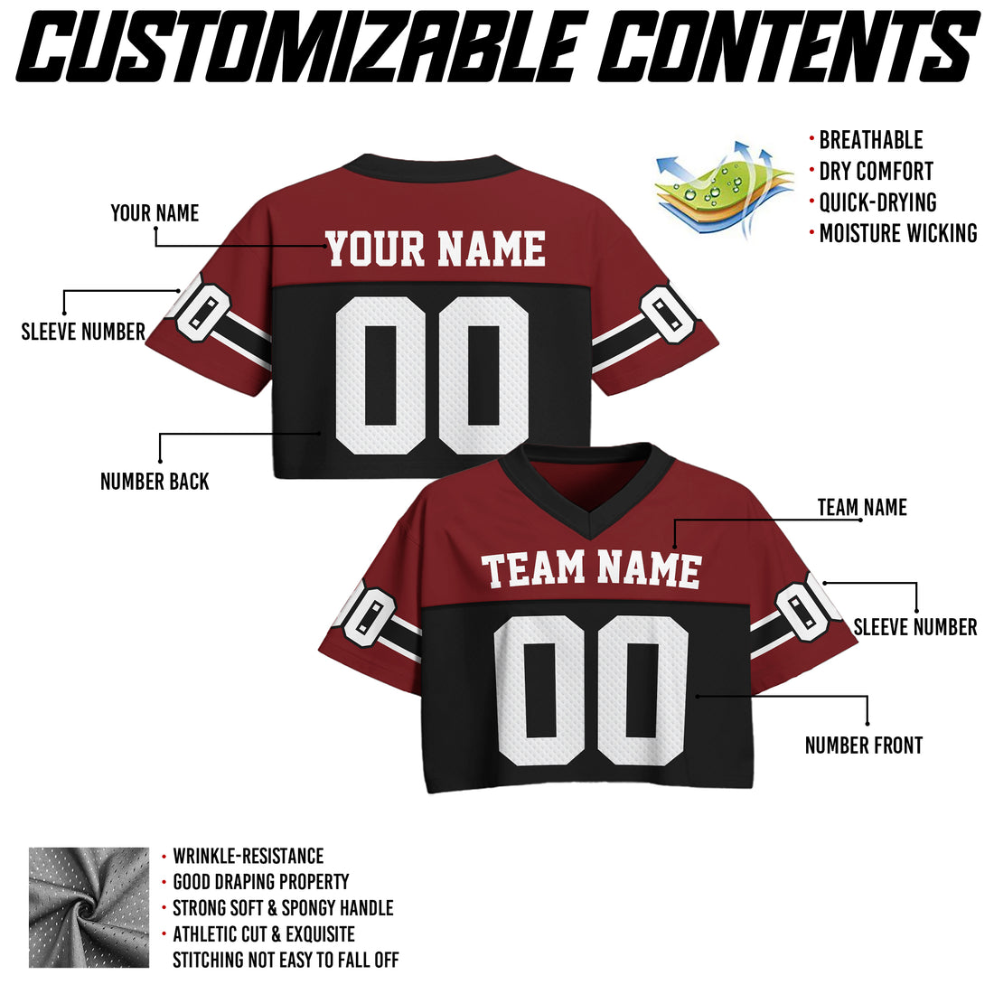 Personalized Maroon Black Cropped Football Jersey, Stylish Cropped Jersey for Women