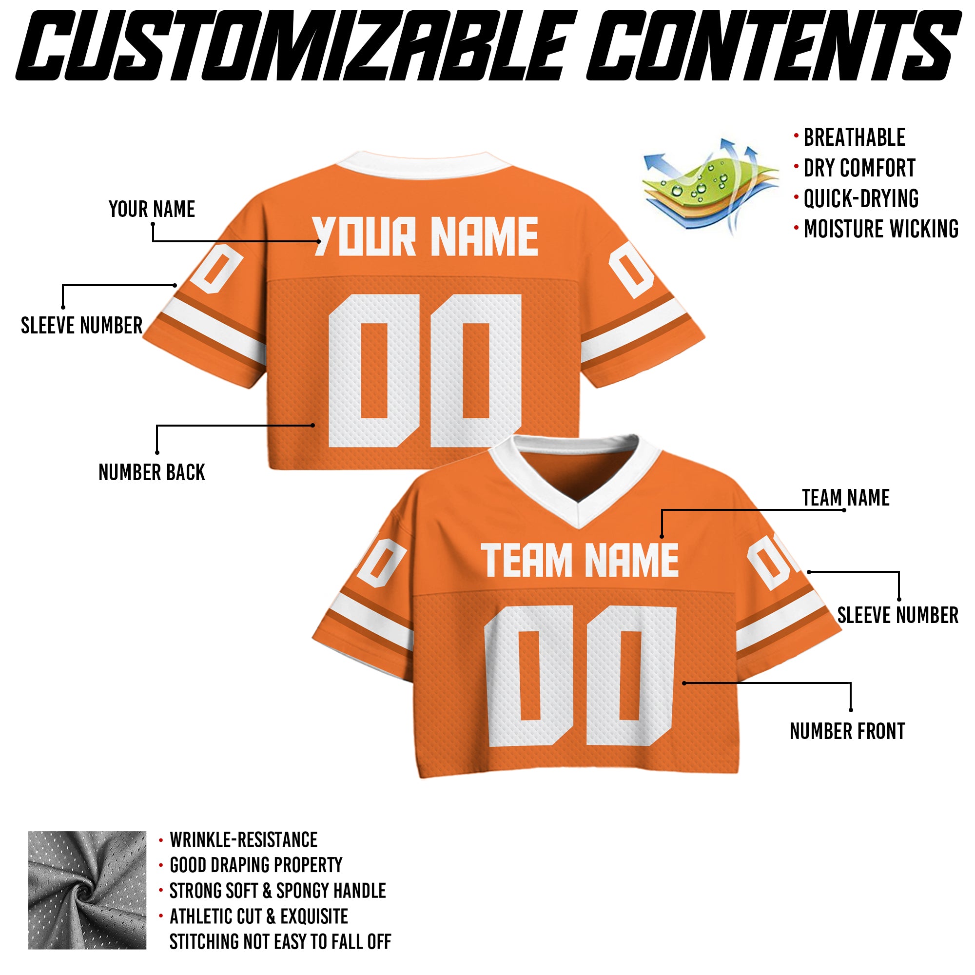 Custom Orange Cropped Football Jersey, Personalized Women’s Game Day Outfit