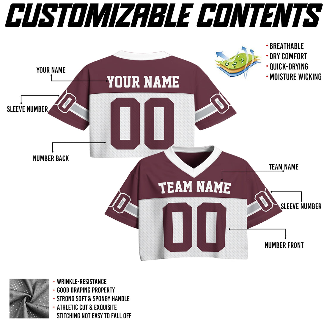 Custom Maroon White Cropped Football Jersey, Personalized Crop Top Football Jersey