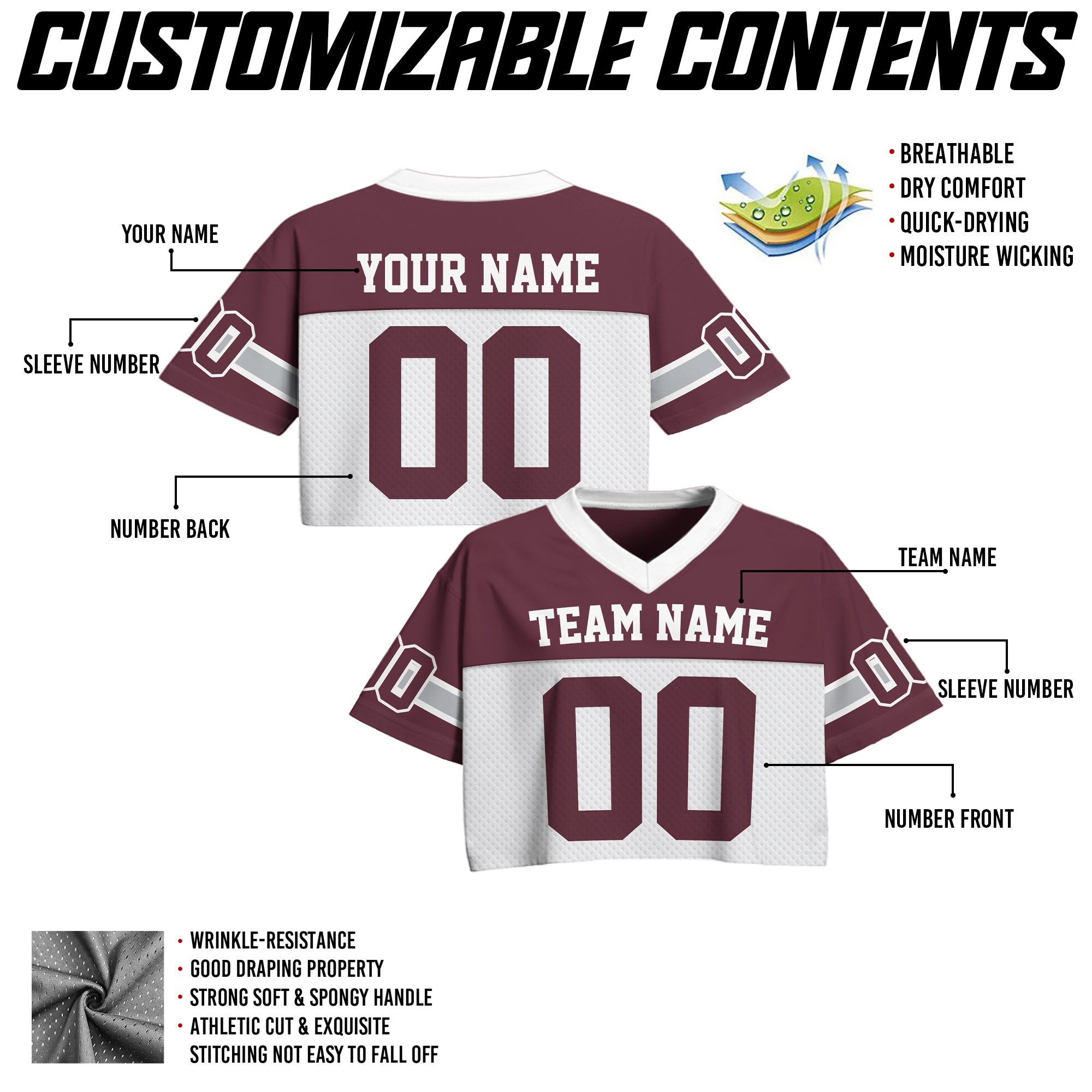 Custom Maroon White Cropped Football Jersey, Personalized Crop Top Football Jersey