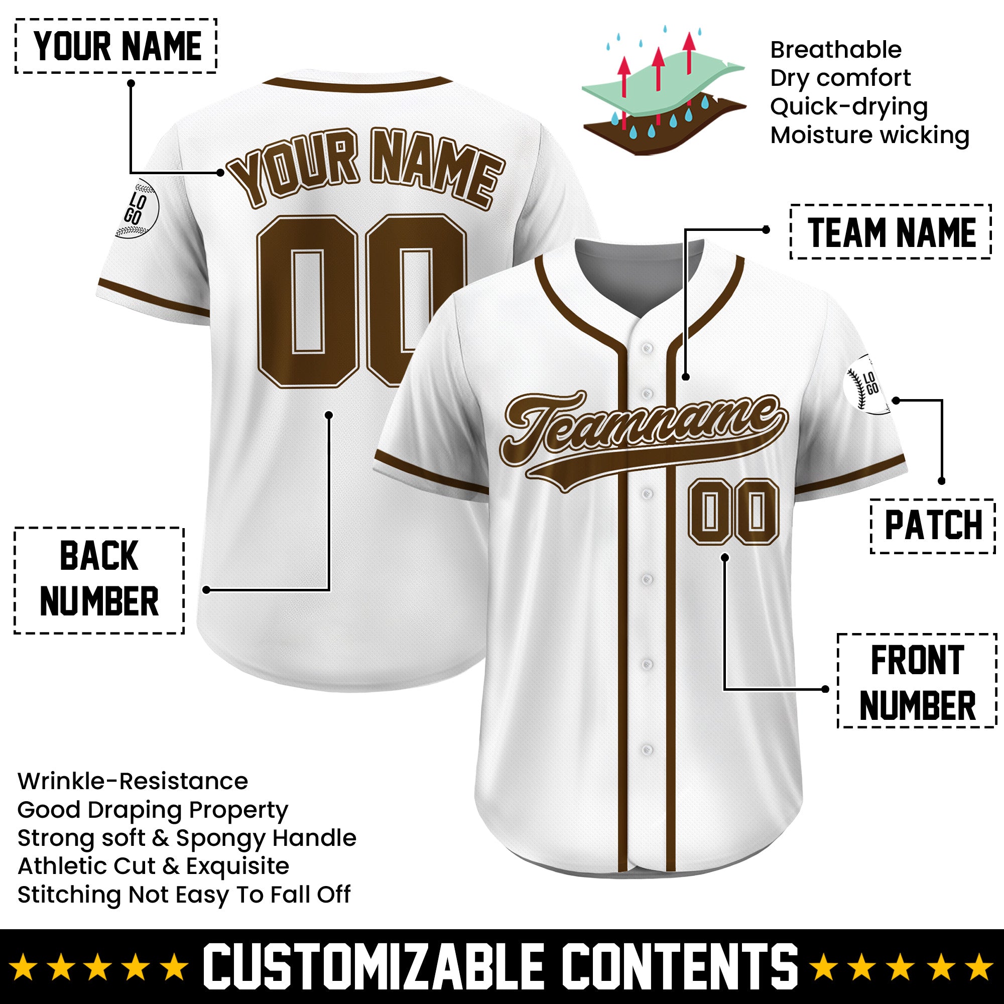 Custom White Brown Classic Baseball Jersey, Personalized Team Shirt with Name Number