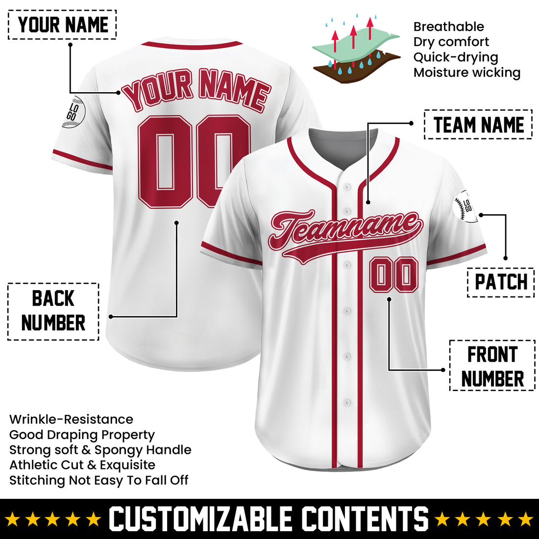 Custom Classic White Red Baseball Jersey, Personalized Team Uniform with Name Number