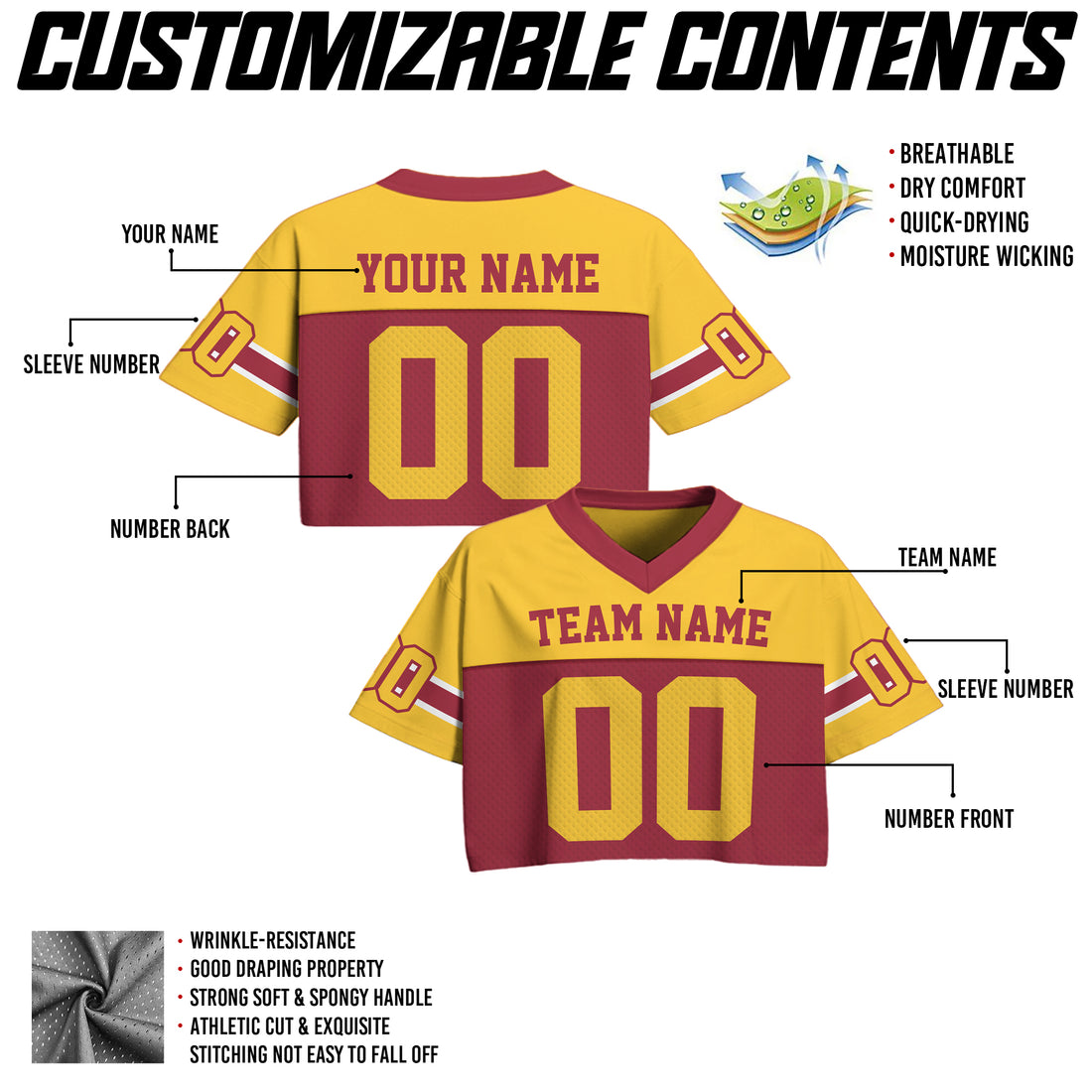 Personalized Yellow Maroon Cropped Football Jersey, Personalized Streetwear for Women Girl