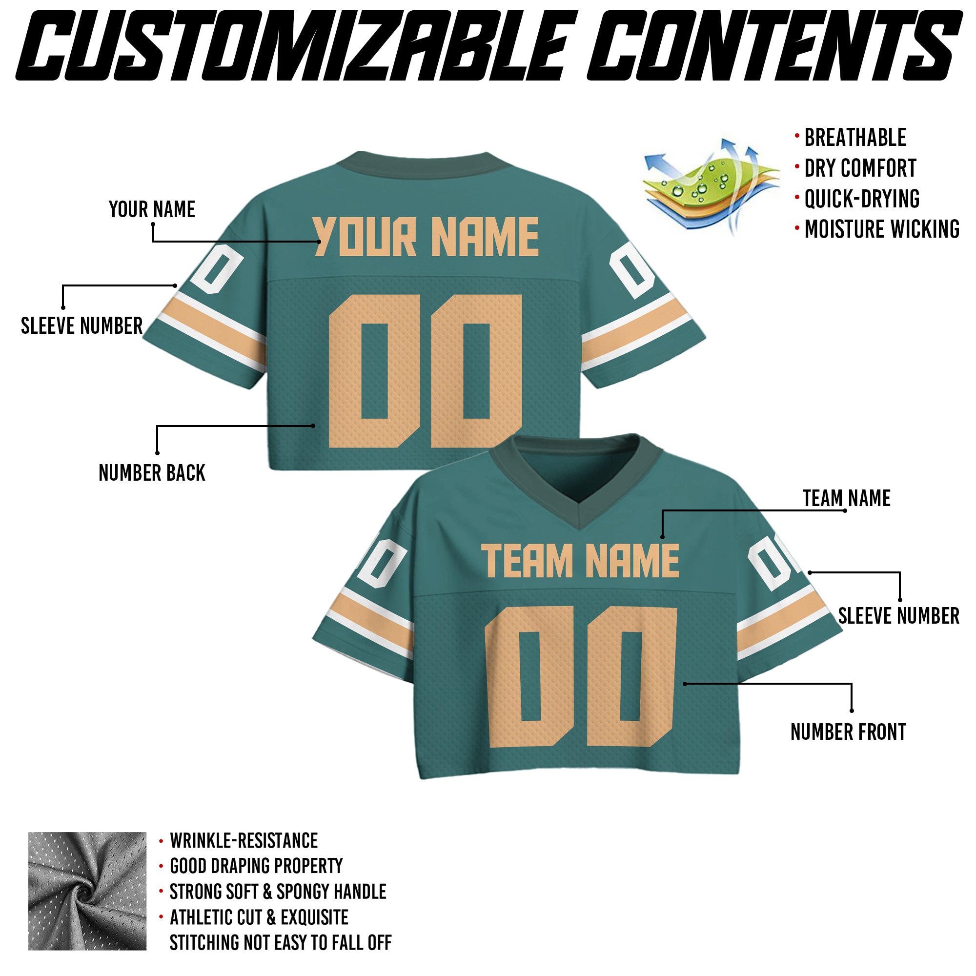 Custom Teal Gold Cropped Football Jersey, Girls Streetwear Cropped Jerseys Shirt