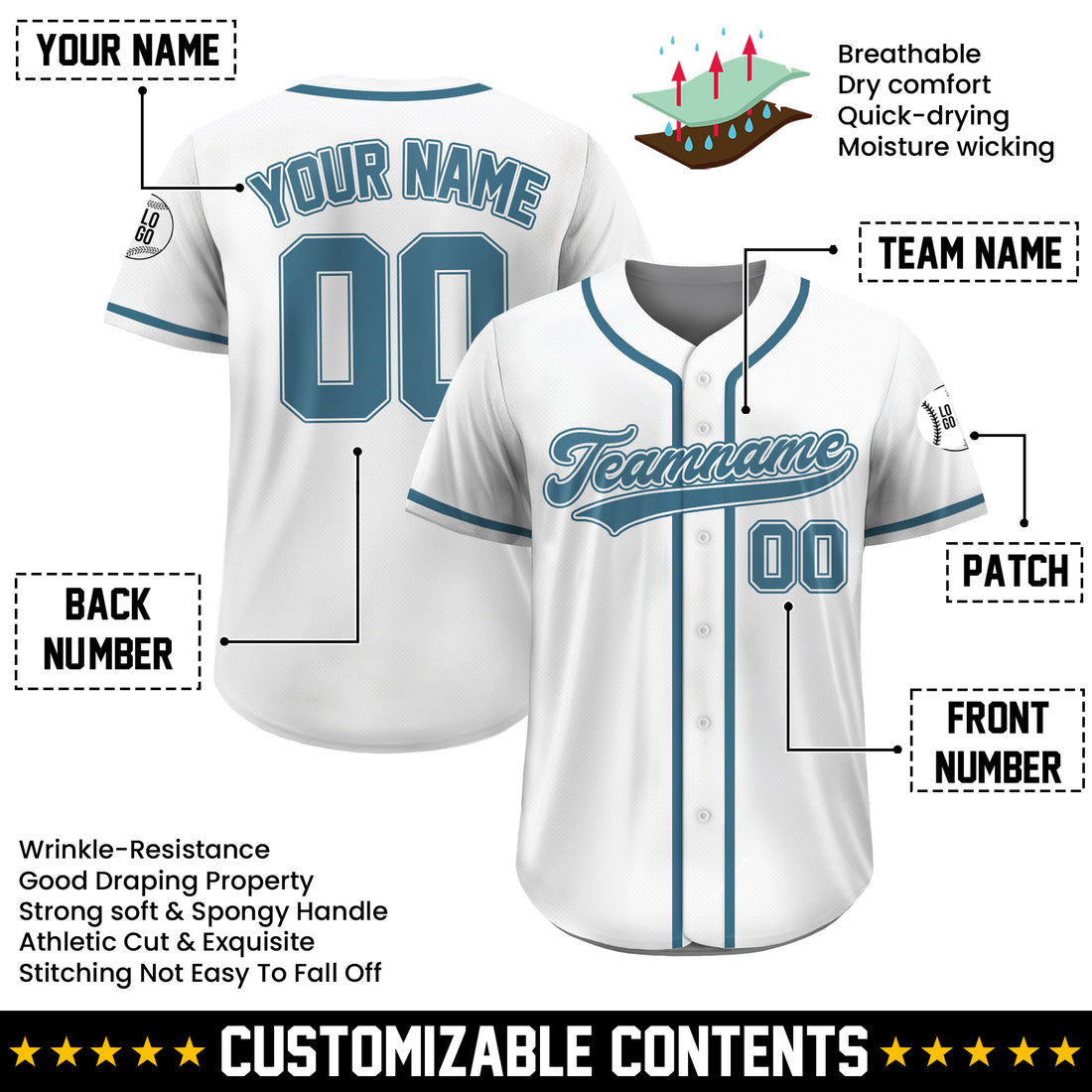 Custom White Light Blue Baseball Jersey, Personalized Jersey for Teams or Fans