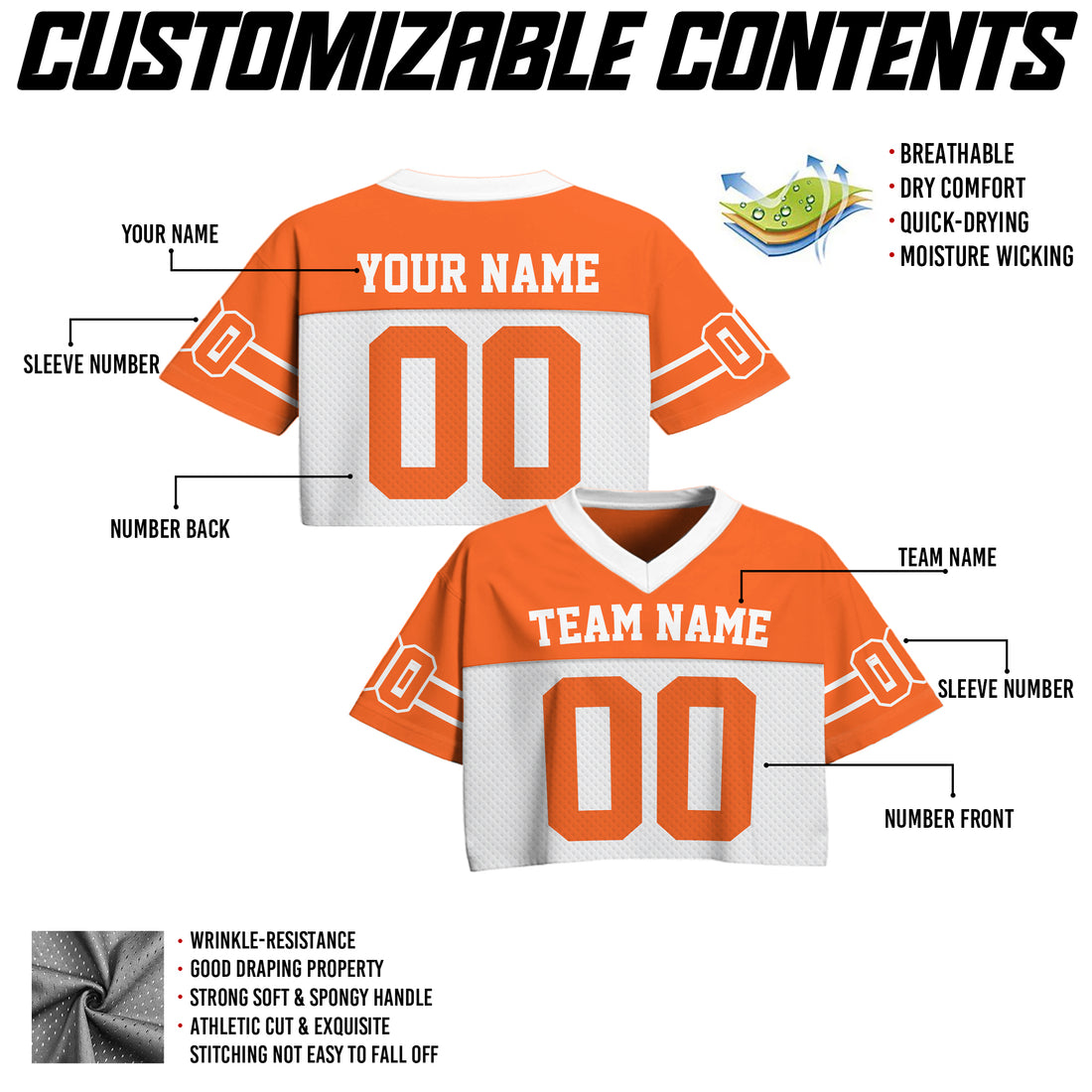 Custom Orange White Cropped Football Jersey, Hip Hop Streetwear