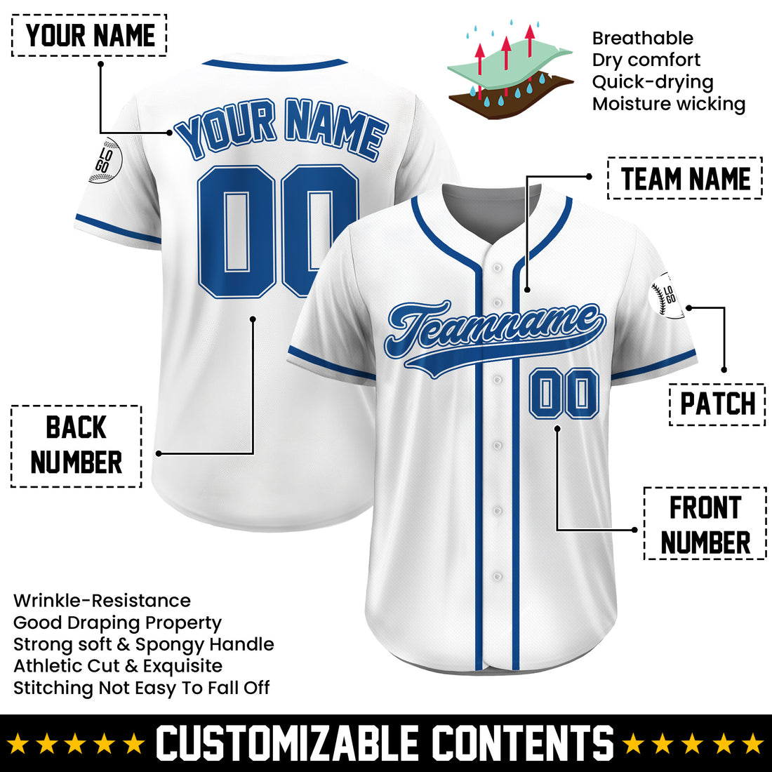 Custom Classic White Royal Blue Baseball Jersey, Personalized Name Number Team Uniform for Youth Adults