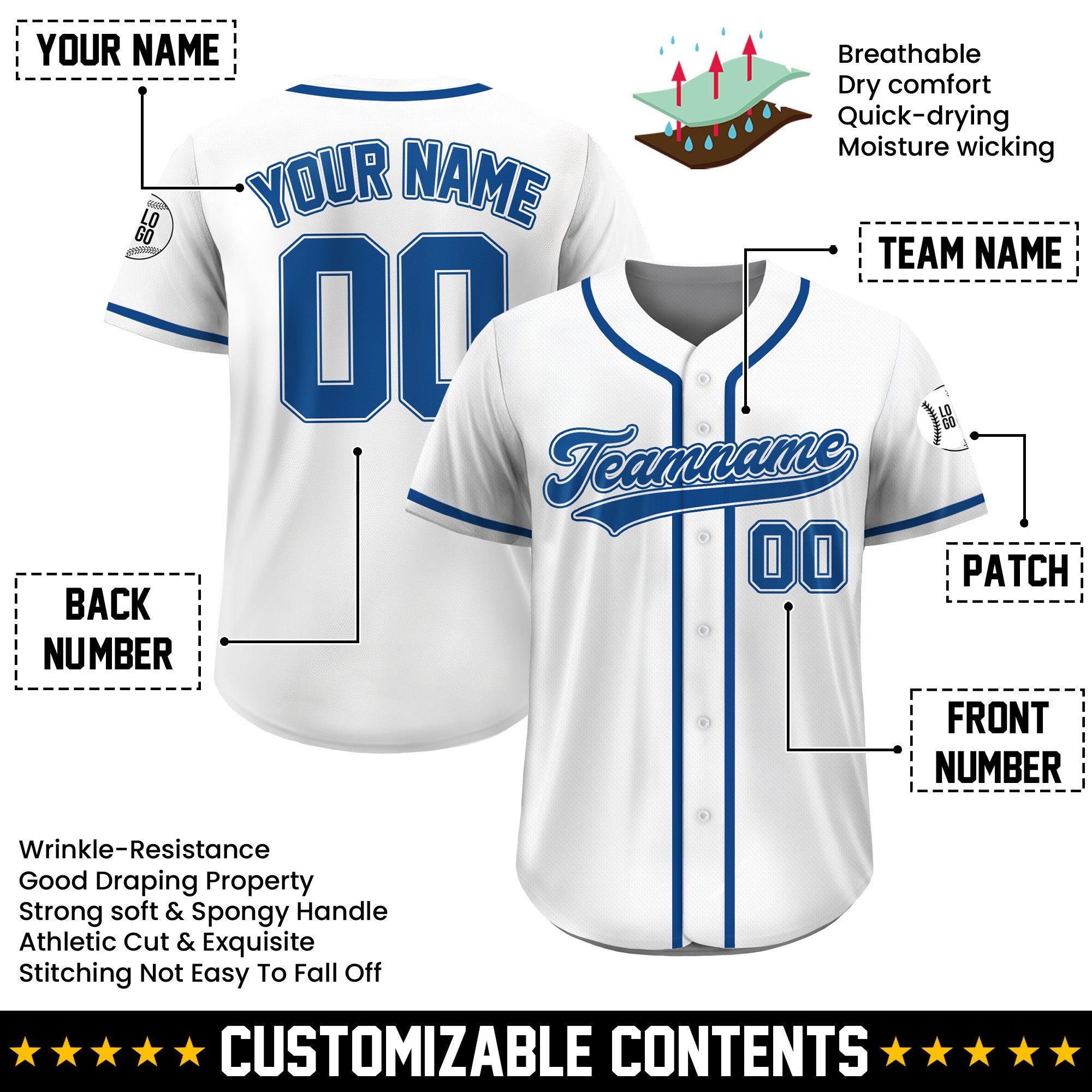 Custom Classic White Royal Blue Baseball Jersey, Personalized Name Number Team Uniform for Youth Adults